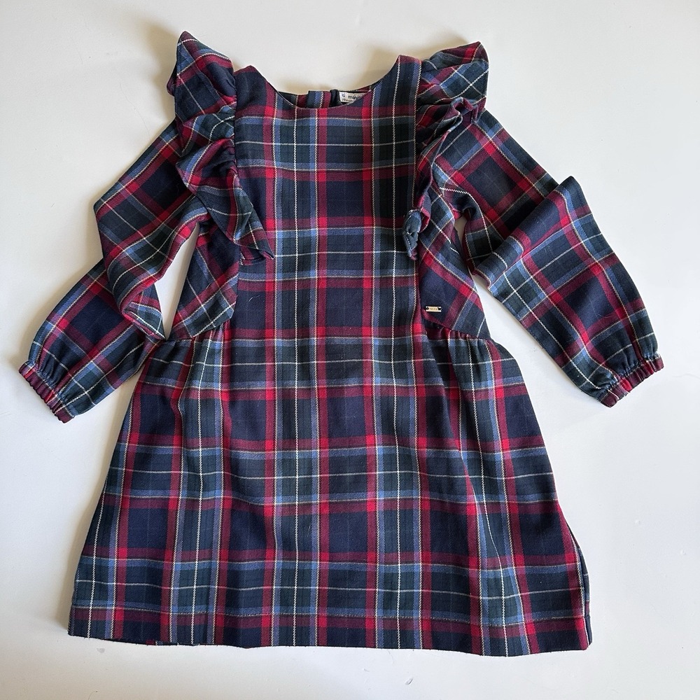 Mayoral Dress Girls Size 5 Ruffles‎ Plaid Blue Red Long Sleeves Preppy Classy